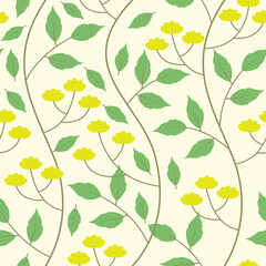 Seamless floral pattern with yellow flowers and green leaves on light background, ideal for fabric, wallpaper, or print