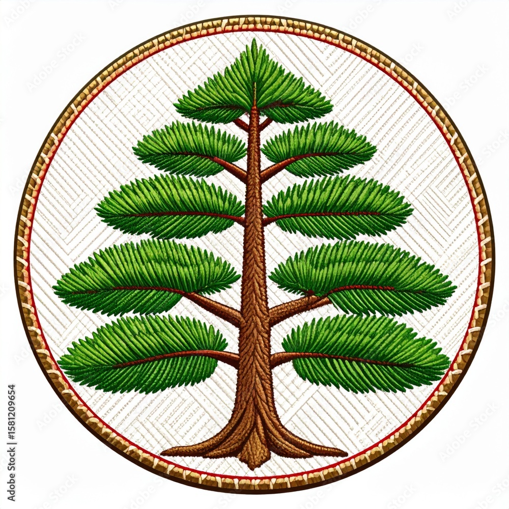 Poster detailed circular wicker pattern with a symmetric green tree and brown trunk