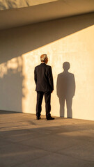 Man Looking at Younger Silhouette Shadow on Concrete Wall: Aging Concept