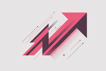 Abstract arrow design with geometric shapes in pink and purple tones.