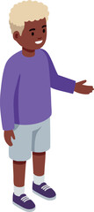 Obraz premium Boy with blond hair wearing purple sweater and shorts standing with hand extended vector illustration
