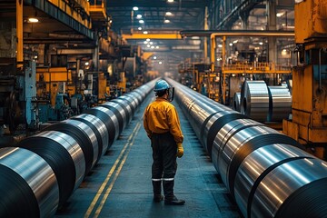 Industrial worker in a vast metal processing factory