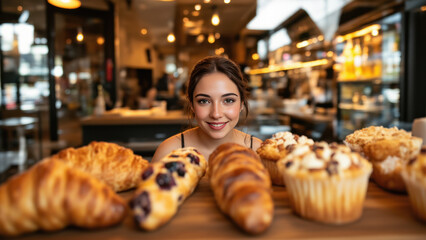 Warm pastries—croissants and muffins—are displayed on a wooden surface. A woman with a sincere smile and bright eyes gazes directly at the viewer, creating an inviting and pleasant atmosphere.