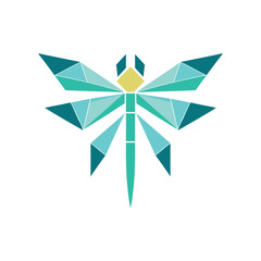 Geometric dragonfly logo illustration with teal and yellow symmetrical shapes on white background