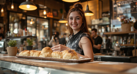 A woman with a sincere smile holds a tray of freshly baked bread. Soft lighting and depth of field create a warm, inviting bakery scene. Focus is on the bread and the woman’s expression.