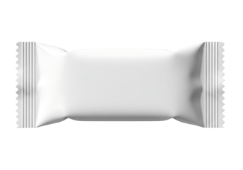 White blank flow pack wrapper mockup for a chocolate bar, candy, or snack food. Isolated on transparent background, png