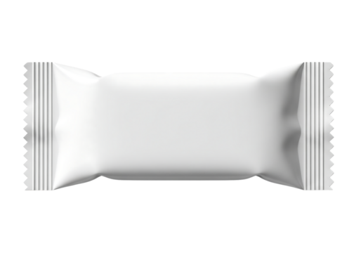 White blank flow pack wrapper mockup for a chocolate bar, candy, or snack food. Isolated on transparent background, png