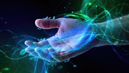 Futuristic hand gesture made of glowing digital lines and holographic effects in dark space. Generative AI.
