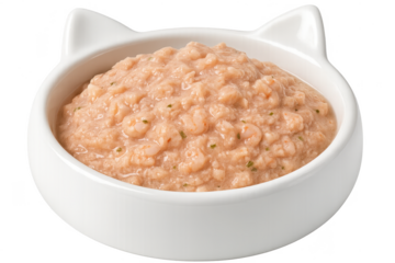 Delicious wet cat food with shrimp in a cute cat bowl, transparent background