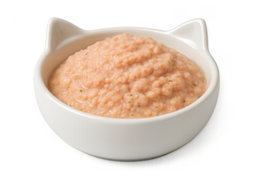 Wet cat food pate in a white cat ear bowl, isolated on transparent background