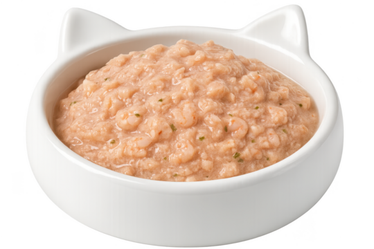 Delicious wet cat food with shrimp in a cute cat bowl, transparent background