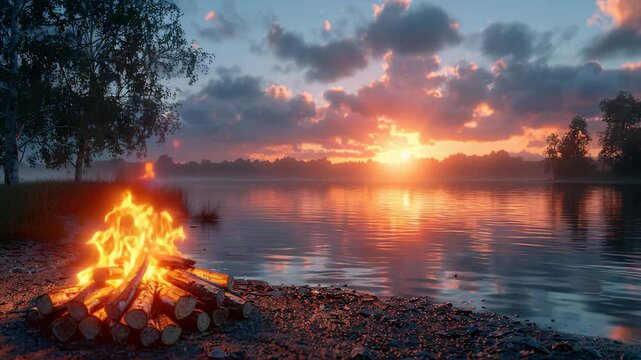 This serene scene depicts a glowing campfire nestled in a quiet natural setting, surrounded by trees and under a starlit sky, radiating warmth and tranquility&mdash;evoking a sense of peace, ref 4K.