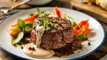 Fried filet mignon with creamy shallot sauce. The meat is garnished with peppercorns and fresh herbs.
