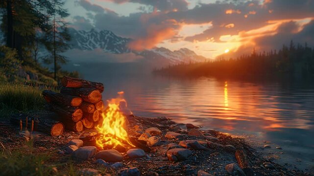 This serene scene depicts a glowing campfire nestled in a quiet natural setting, surrounded by trees and under a starlit sky, radiating warmth and tranquility&mdash;evoking a sense of peace, ref 4K.