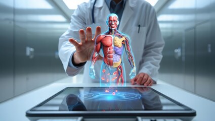 Augmented reality medical interface showing human anatomy above digital tablet. Generative AI.