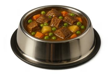 Nutritious beef stew dog food in a stainless steel bowl, transparent background.