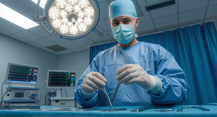 Surgeon with medical instruments in operating room, beneath surgical lights with heart monitor equipment in background. 