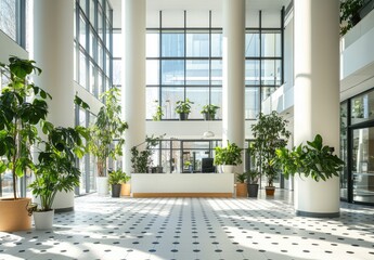 Bright, modern lobby with tall windows and plants
