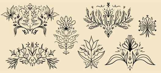 Vector flowers icon, illustration silhouette image, botanical line art flower, outline drawing of flower. linear drawing of floral botany. Hand drawn sketch of flower with leaves.