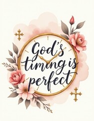 &ldquo;God&rsquo;s timing is perfect&rdquo; lettering with watercolor background in neutral beiges and dusty rose, subtle clock face illustration behind