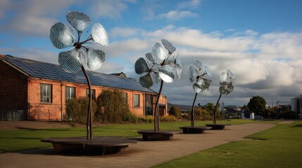 Kinetic wind sculptures resembling flowers in a park setting.