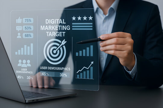 Futuristic business professional analyzing digital marketing performance data through holographic interface for commercial stock, advertising, websites, and graphic design projects