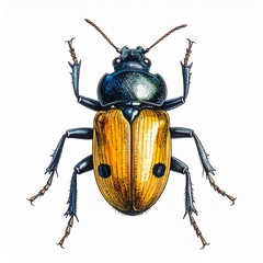 Close Up Yellow and Black Beetle Isolated on White Background Detailed View
