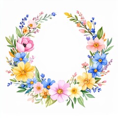Floral Watercolor Wreath with Pink and Blue Flowers on White Background