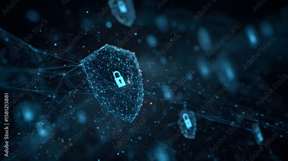 Poster abstract digital shields with padlock symbols representing cybersecurity and data protection, connec
