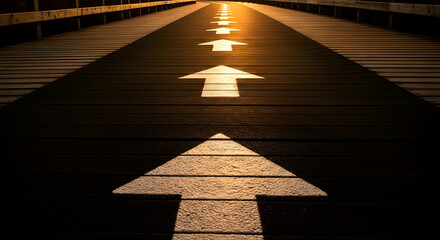 Directional path with leading arrows indicating the way forward on a wooden walkway