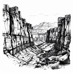 Ink Drawing of a Rocky Cliffside Landscape with Jagged Stone Peaks and Desert Valley