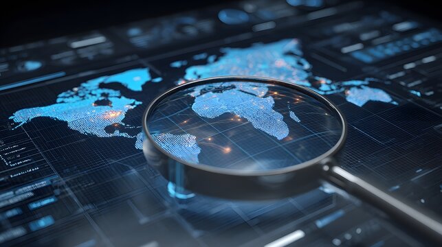 A digital world map, illuminated with pinpoint lights, is viewed through a magnifying glass, showcasing data visualization and global reach.