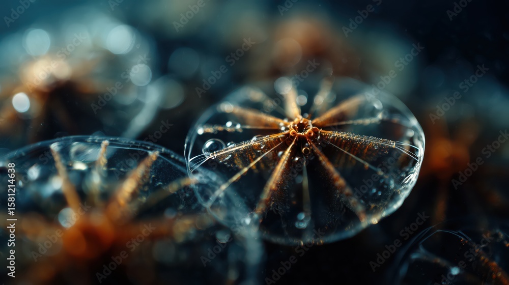 Poster exploring the mesmerizing beauty of shimmering symmetrical forms in a tranquil underwater environmen
