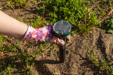 Woman in pink gardening gloves installs a rodent repeller in the ground