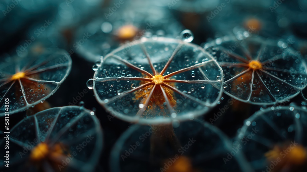 Poster shimmering symmetrical patterns emerge from droplets resting on delicate circular forms