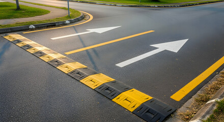 Directional Road Markings And A Speed Bump For Traffic Safety On Street