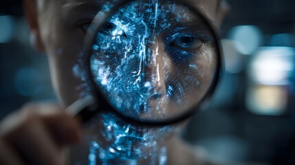 Analyzing digital identity with a magnifying glass. Concept for technology, connectivity, augmented reality and advanced investigation. 