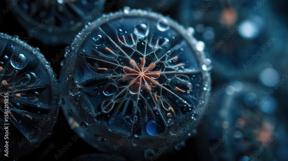 Poster symmetrical patterns emerge from droplets in a mystical underwater world at twilight