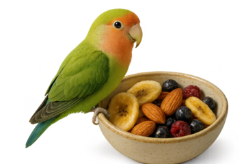Colorful lovebird perched on bowl with nuts and berries on transparent background