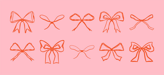Set of various cartoon bow knots, gift ribbons. Trendy hair braiding accessory. Hand drawn vector illustration.	
