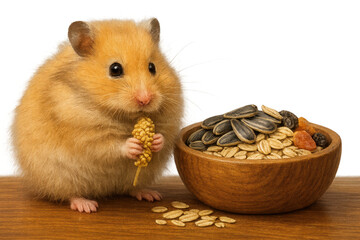 Golden hamster eating on a transparent background, isolated, cut out image