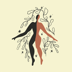 Vector illustration, boho sacred magical woman. Flat holistic healing meditation. Modern abstract black silhouette of girl.