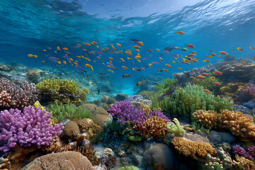 Naklejka premium Vibrant Coral Reef Underwater Scene with Colorful Fish and Diverse Coral Formations in a Sunlit Ocean