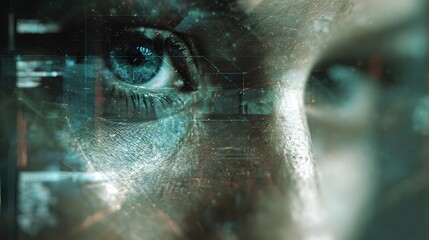 Visionary Interface: A close-up on an eye overlaid with digital interface elements, merging human perception with technological networks.  