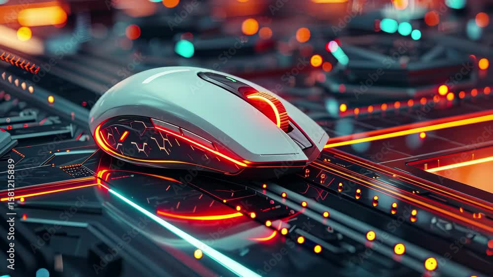 Poster high-tech gaming mouse resting on a futuristic circuit board with glowing neon lights in a vibrant d