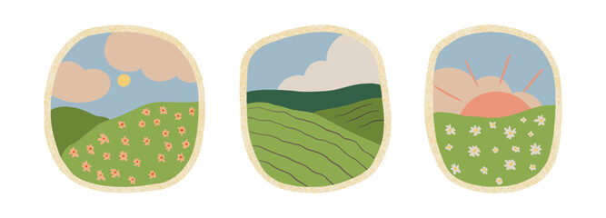 A set of cute cartoon landscapes. Simple hand-drawn nature illustrations.