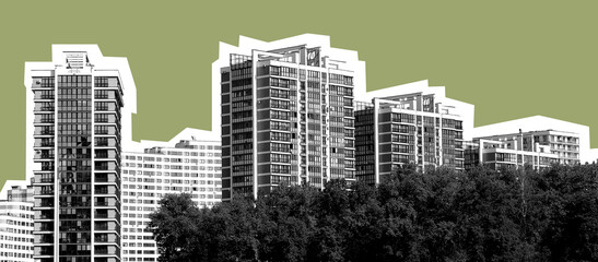Collage of urban architecture with highrise residential buildings, modern geometric shapes, black