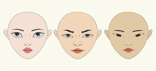 Set of modern portrait, female faces. 