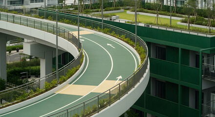 Fototapeta premium Elevated Green Pathway Weaving Through Urban Landscape In Modern Architectural Setting
