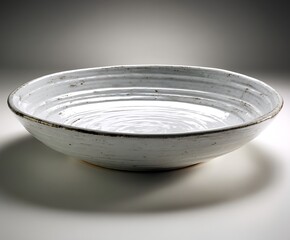 the image shows a handcrafted, shallow bowl with a rustic appearance. the bowl has a white, slightly textured glaze with subtle variations in tone